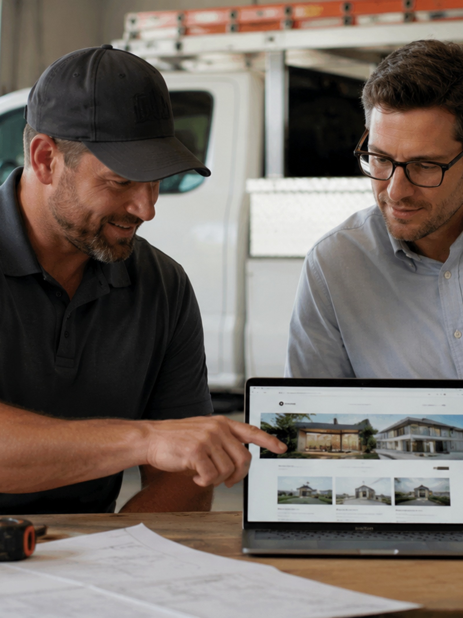 Two professionals reviewing a website on a laptop in a contractor workshop