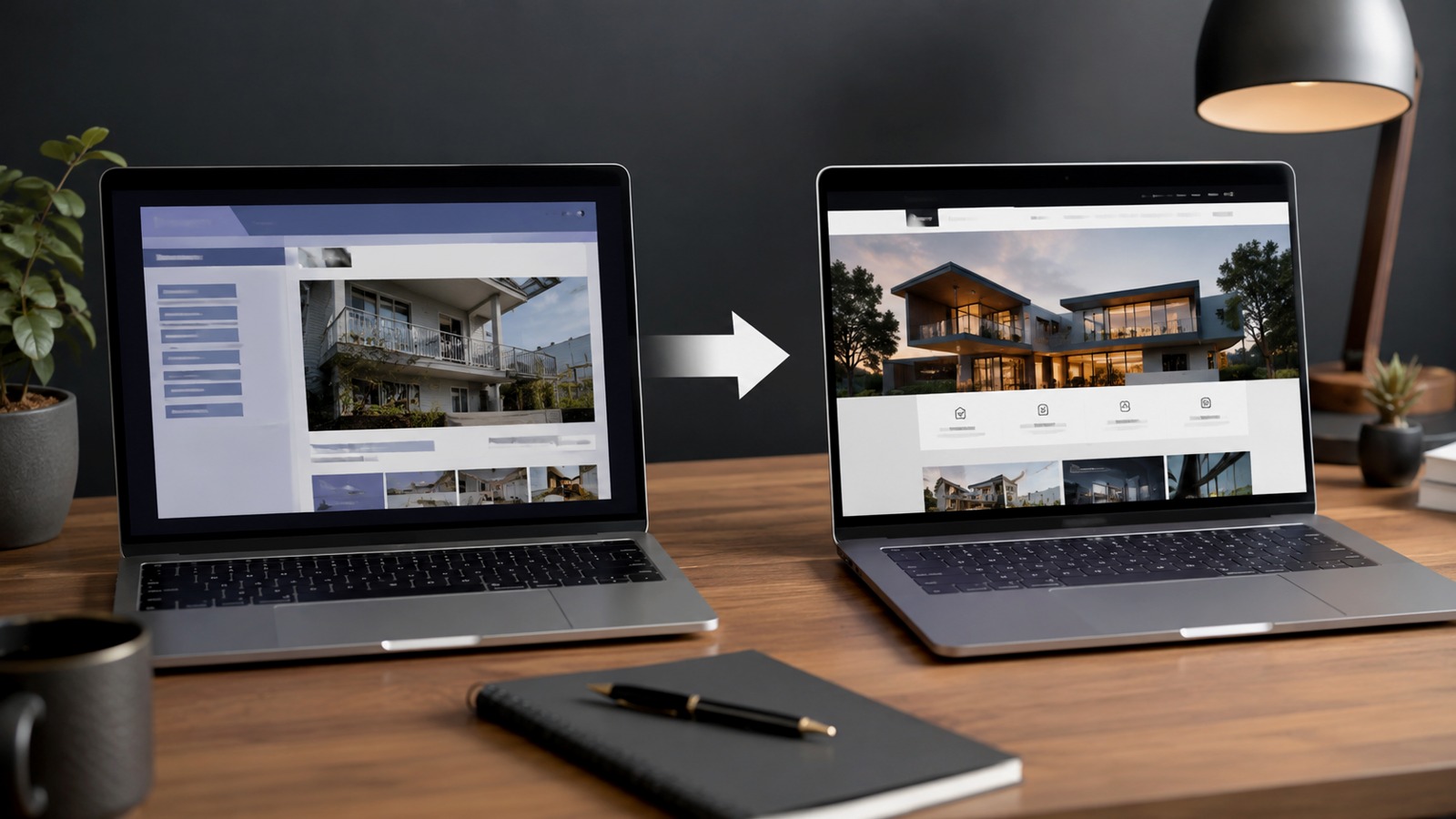 Side-by-side comparison of an outdated website and a modern redesigned website
