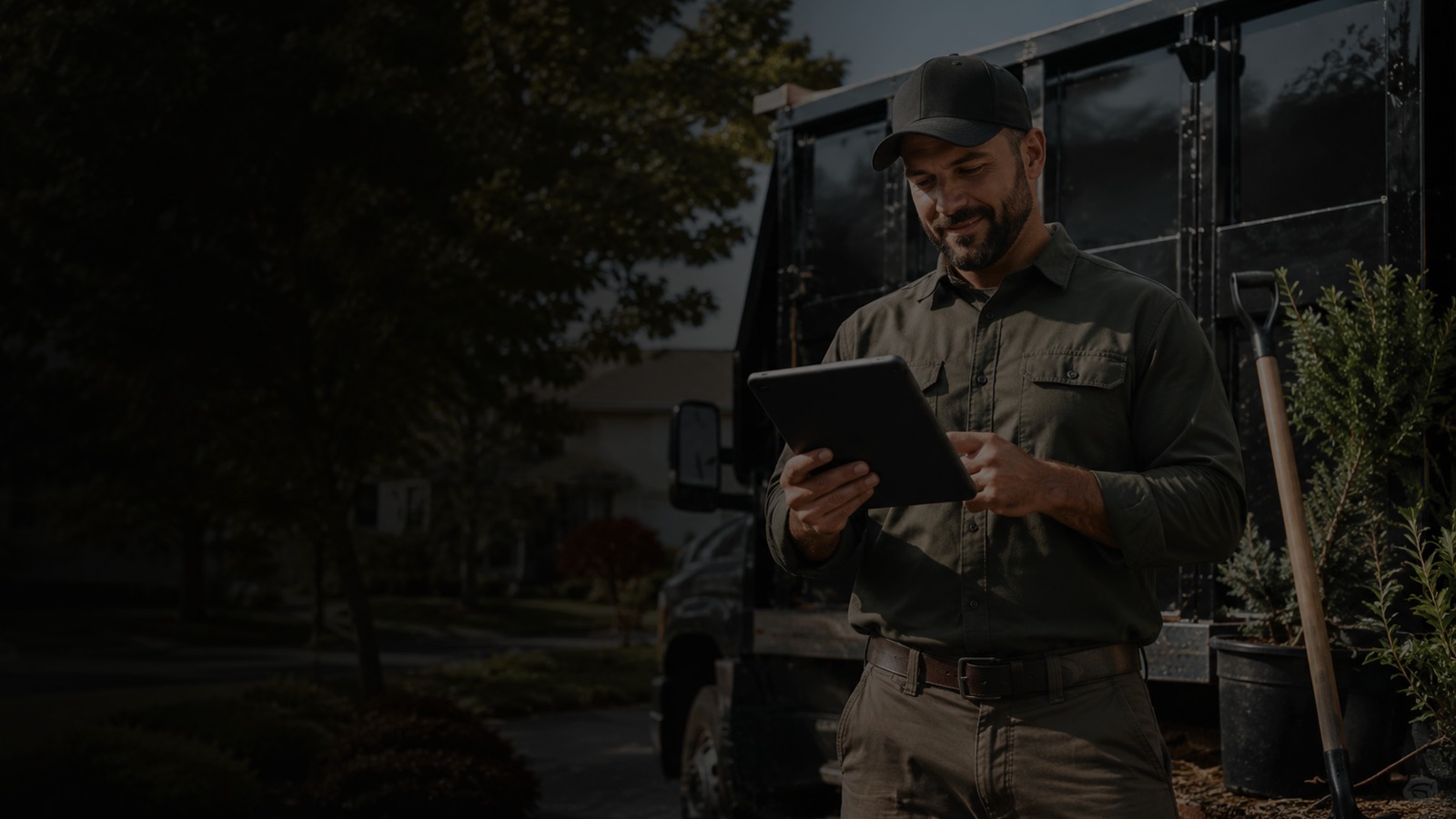 Landscaping business owner reviewing work on a tablet beside a service truck